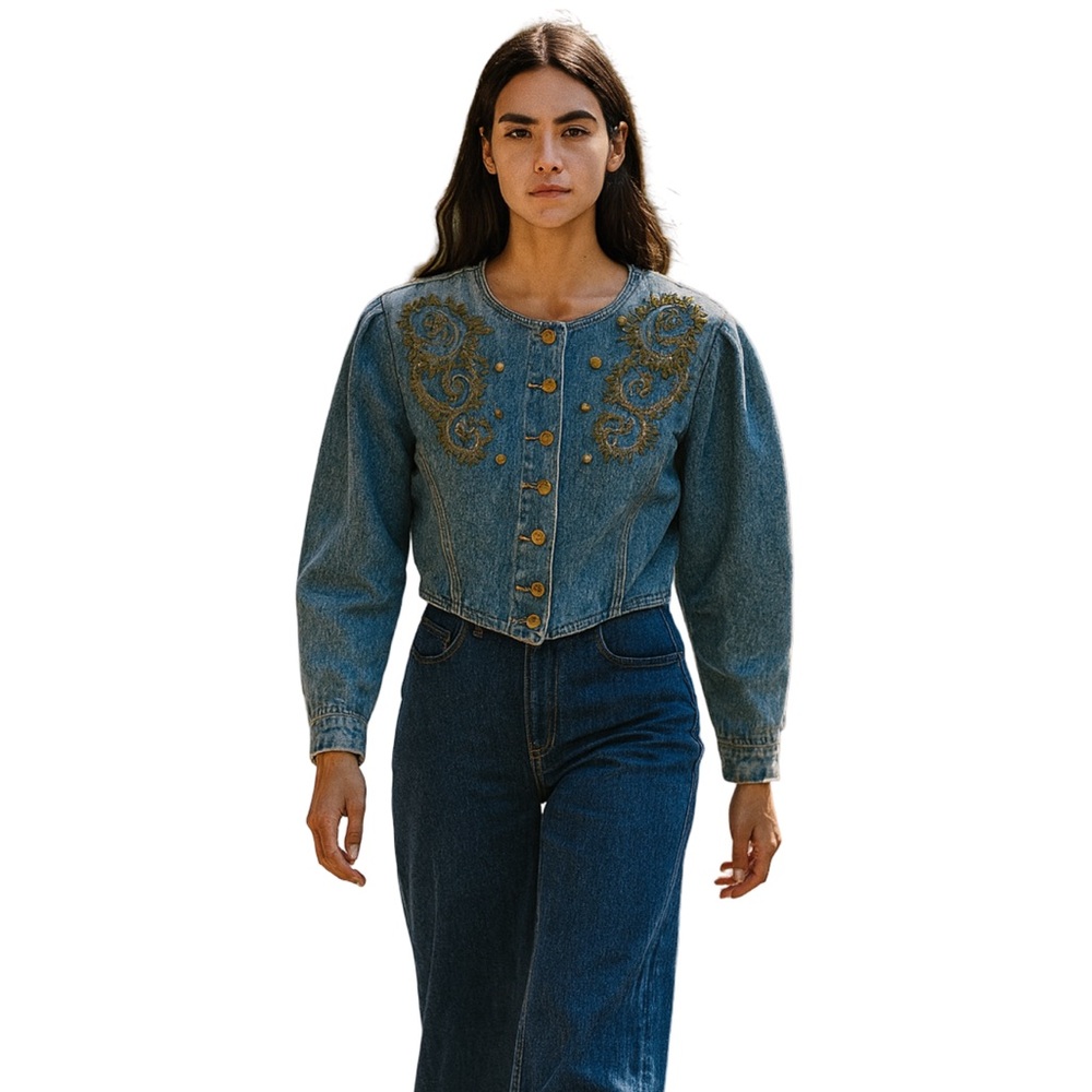 Vintage 1980s Mondi Denim Cropped Jacket With Gold Buttons & Gold Embroidery